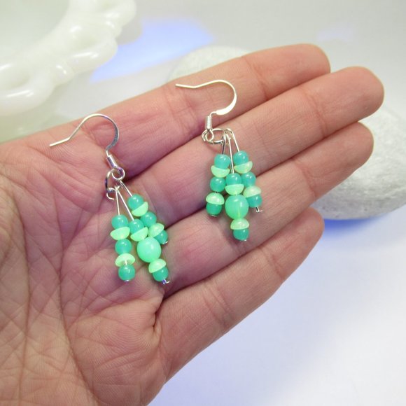 Triple dangle Uranium Glass bead earrings - Picture 4 of 11